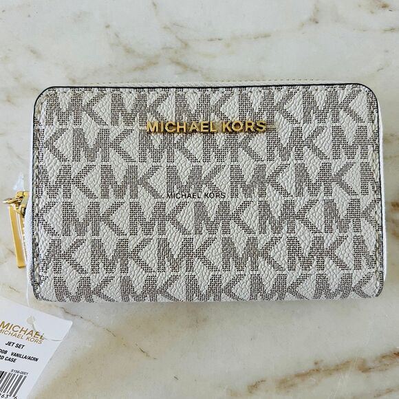MICHAEL KORS Jet Set Vanilla Acorn Leather Small Zip Around Card Case Wallet - Picture 1 of 7